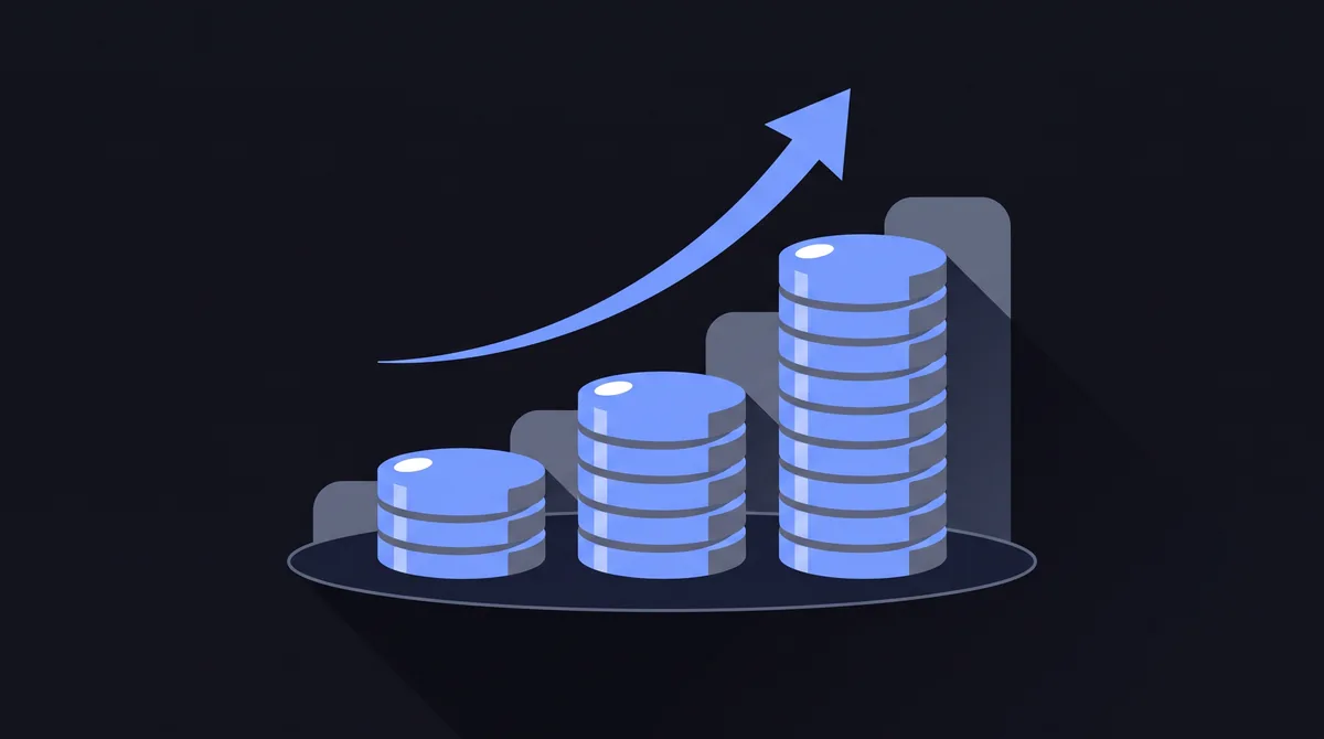 Illustration: three stacks of flat discs rising in height, with a curved arrow arcing up over the tallest.