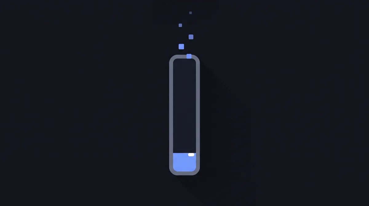 Illustration: a tall vertical bar nearly empty, with small square particles drifting upward away from it.