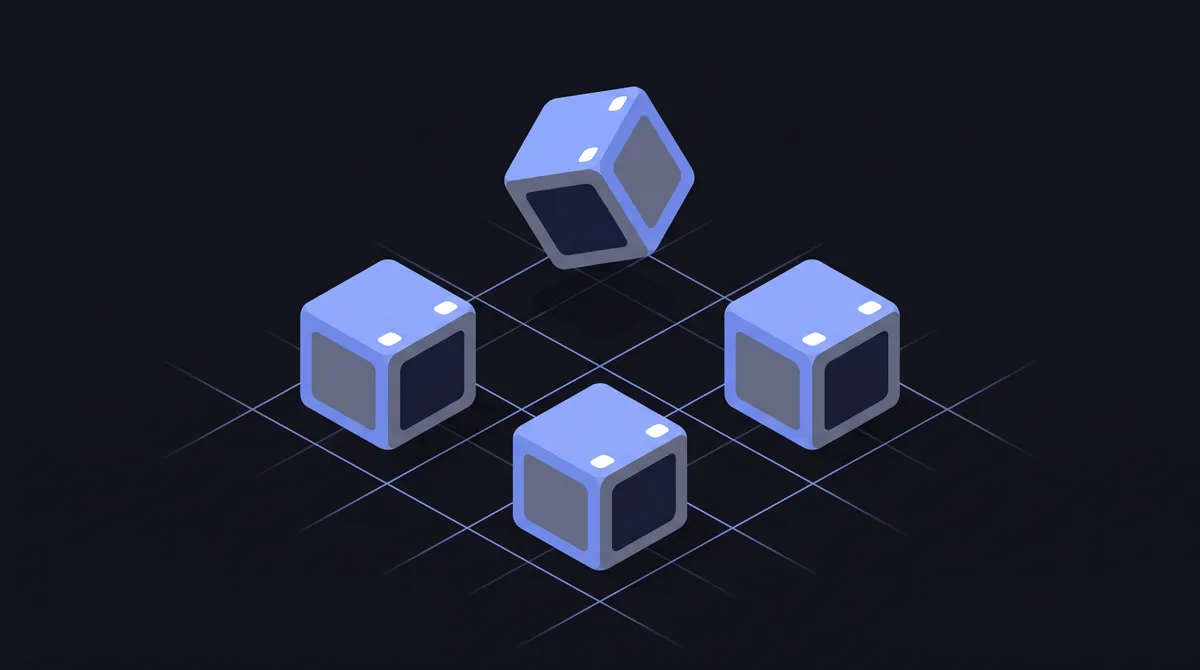 Illustration: three cubes sitting square on an isometric grid and a fourth floating above it, tilted off axis.