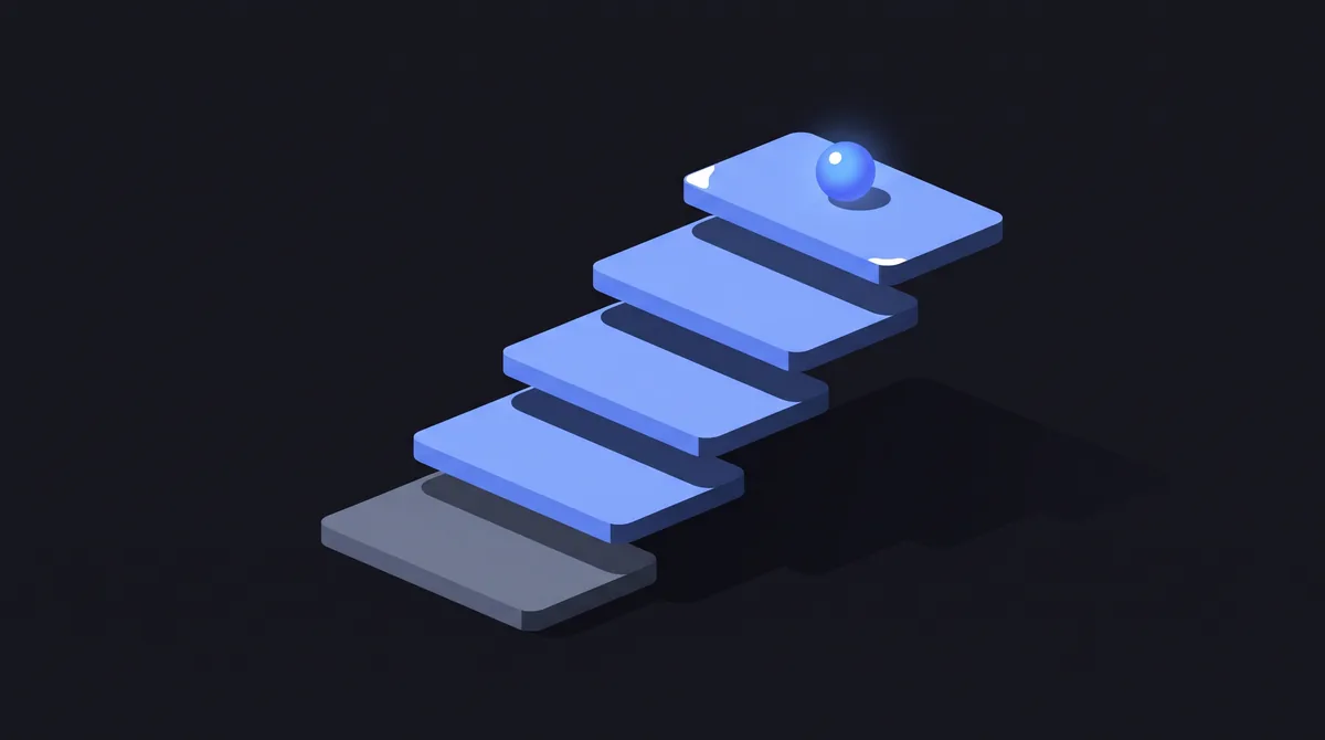 Illustration: five platforms arranged as an ascending staircase with a glowing sphere resting on the top step.