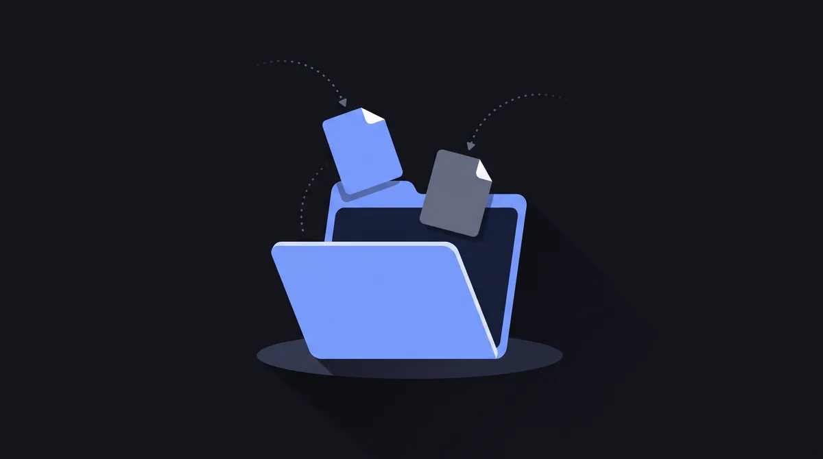 Illustration: two flat file blocks dropping along dotted arcs into an open folder.