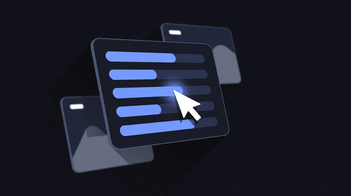 Illustration: a floating dark panel of horizontal bars, with a cursor arrow resting on one of them and a soft glow at the point of contact.