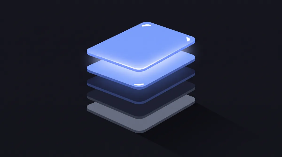 Illustration: five offset plates stacked like a fanned deck, the top one lifted clear and glowing.