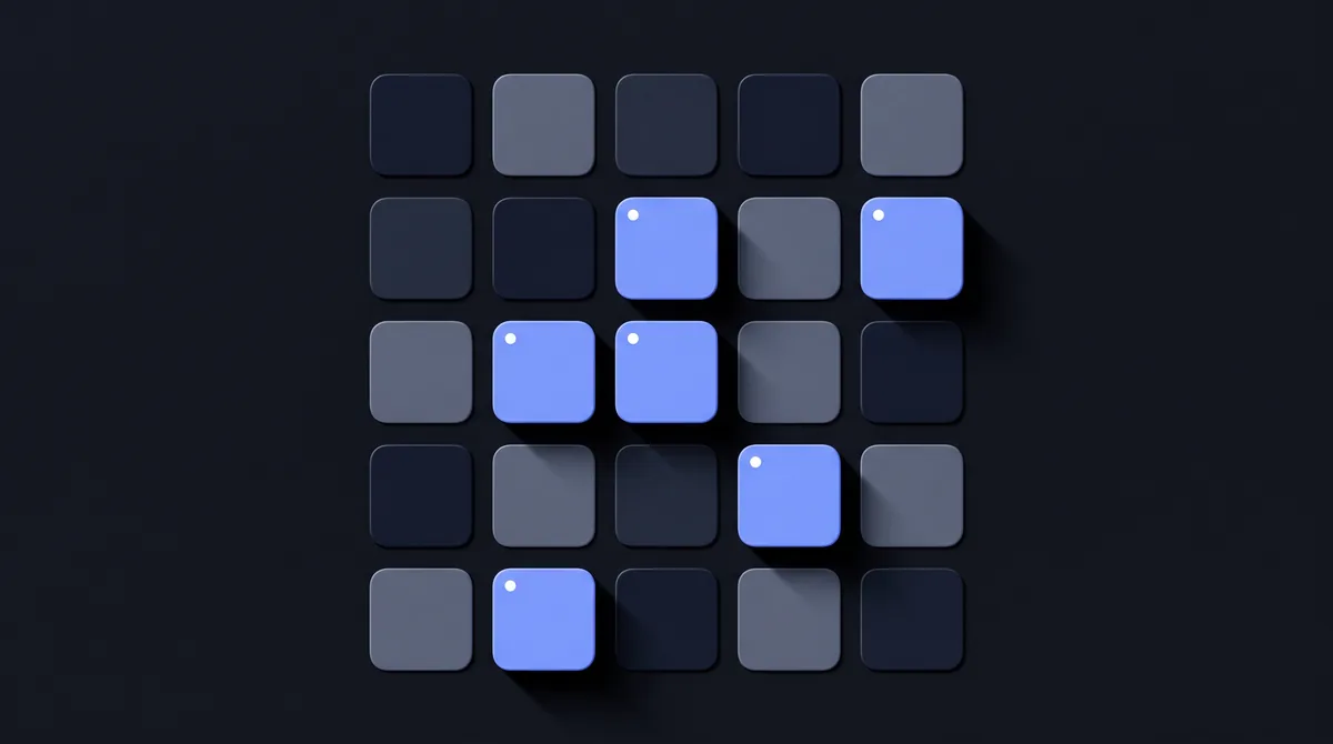 Illustration: a grid of twenty small tiles with six of them filled and raised above the rest.