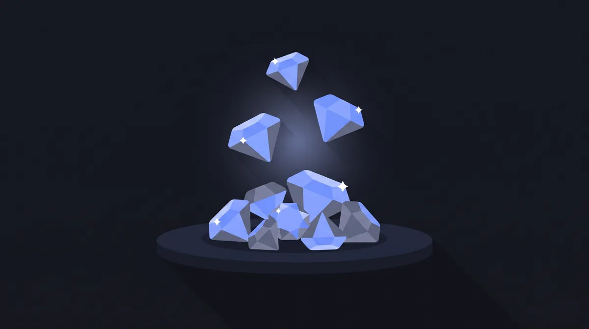 Illustration: a small pile of flat faceted gems with three more floating above it.